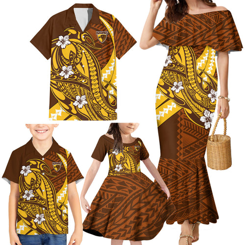 Personalized Hawthorn Hawks Family Matching Mermaid Dress and Hawaiian Shirt Polynesian Tribal Hawk Mascot With Hibiscus Flower Art
