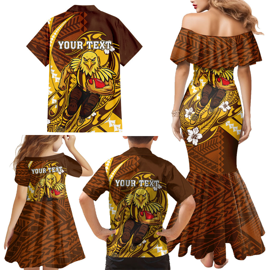 Personalized Hawthorn Hawks Family Matching Mermaid Dress and Hawaiian Shirt Polynesian Tribal Hawk Mascot With Hibiscus Flower Art