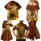 Personalized Hawthorn Hawks Family Matching Mermaid Dress and Hawaiian Shirt Polynesian Tribal Hawk Mascot With Hibiscus Flower Art