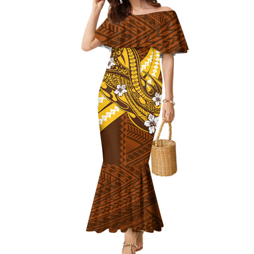 Personalized Hawthorn Hawks Family Matching Mermaid Dress and Hawaiian Shirt Polynesian Tribal Hawk Mascot With Hibiscus Flower Art