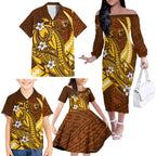 Personalized Hawthorn Hawks Family Matching Off The Shoulder Long Sleeve Dress and Hawaiian Shirt Polynesian Tribal Hawk Mascot With Hibiscus Flower Art