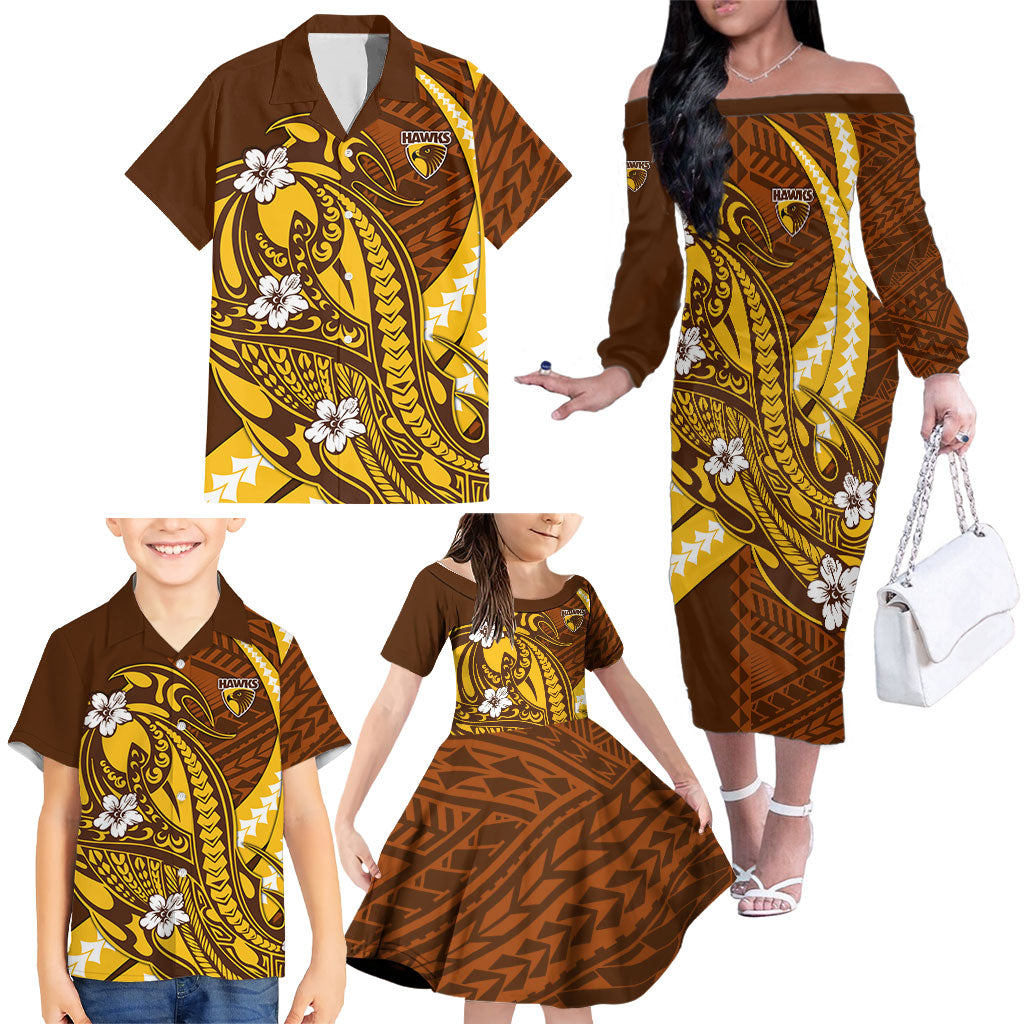 Personalized Hawthorn Hawks Family Matching Off The Shoulder Long Sleeve Dress and Hawaiian Shirt Polynesian Tribal Hawk Mascot With Hibiscus Flower Art