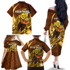 Personalized Hawthorn Hawks Family Matching Off The Shoulder Long Sleeve Dress and Hawaiian Shirt Polynesian Tribal Hawk Mascot With Hibiscus Flower Art
