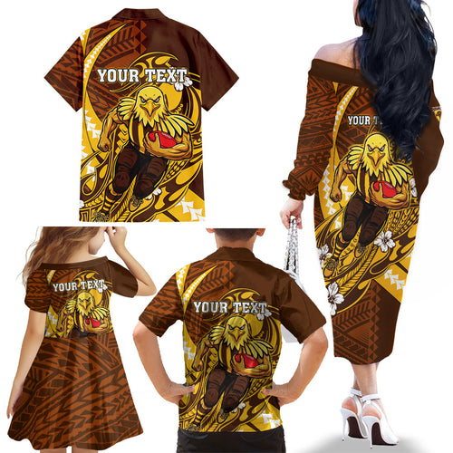 Personalized Hawthorn Hawks Family Matching Off The Shoulder Long Sleeve Dress and Hawaiian Shirt Polynesian Tribal Hawk Mascot With Hibiscus Flower Art