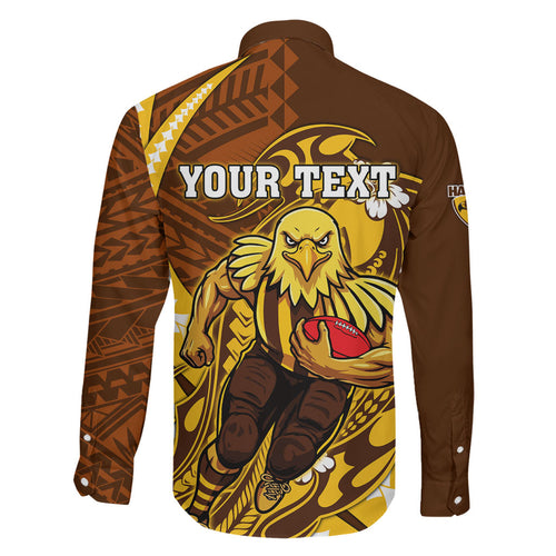 Personalized Hawthorn Hawks Family Matching Off The Shoulder Long Sleeve Dress and Hawaiian Shirt Polynesian Tribal Hawk Mascot With Hibiscus Flower Art