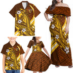 Personalized Hawthorn Hawks Family Matching Off Shoulder Maxi Dress and Hawaiian Shirt Polynesian Tribal Hawk Mascot With Hibiscus Flower Art