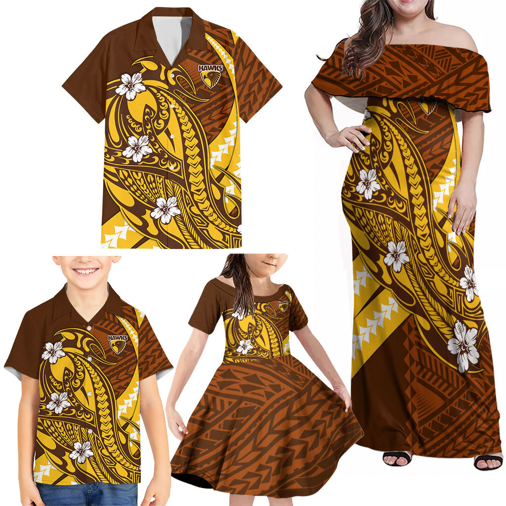 Personalized Hawthorn Hawks Family Matching Off Shoulder Maxi Dress and Hawaiian Shirt Polynesian Tribal Hawk Mascot With Hibiscus Flower Art