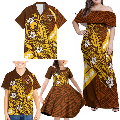 Personalized Hawthorn Hawks Family Matching Off Shoulder Maxi Dress and Hawaiian Shirt Polynesian Tribal Hawk Mascot With Hibiscus Flower Art