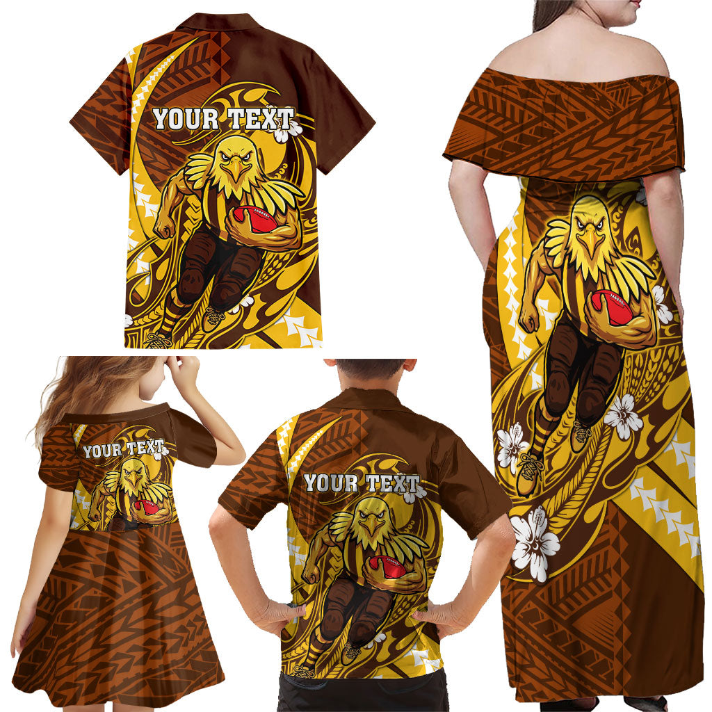 Personalized Hawthorn Hawks Family Matching Off Shoulder Maxi Dress and Hawaiian Shirt Polynesian Tribal Hawk Mascot With Hibiscus Flower Art