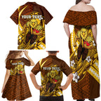 Personalized Hawthorn Hawks Family Matching Off Shoulder Maxi Dress and Hawaiian Shirt Polynesian Tribal Hawk Mascot With Hibiscus Flower Art