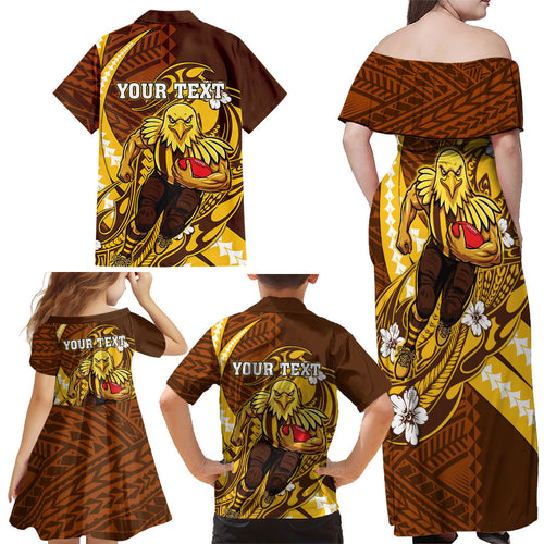 Personalized Hawthorn Hawks Family Matching Off Shoulder Maxi Dress and Hawaiian Shirt Polynesian Tribal Hawk Mascot With Hibiscus Flower Art