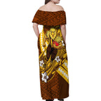 Personalized Hawthorn Hawks Family Matching Off Shoulder Maxi Dress and Hawaiian Shirt Polynesian Tribal Hawk Mascot With Hibiscus Flower Art