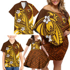 Personalized Hawthorn Hawks Family Matching Off Shoulder Short Dress and Hawaiian Shirt Polynesian Tribal Hawk Mascot With Hibiscus Flower Art