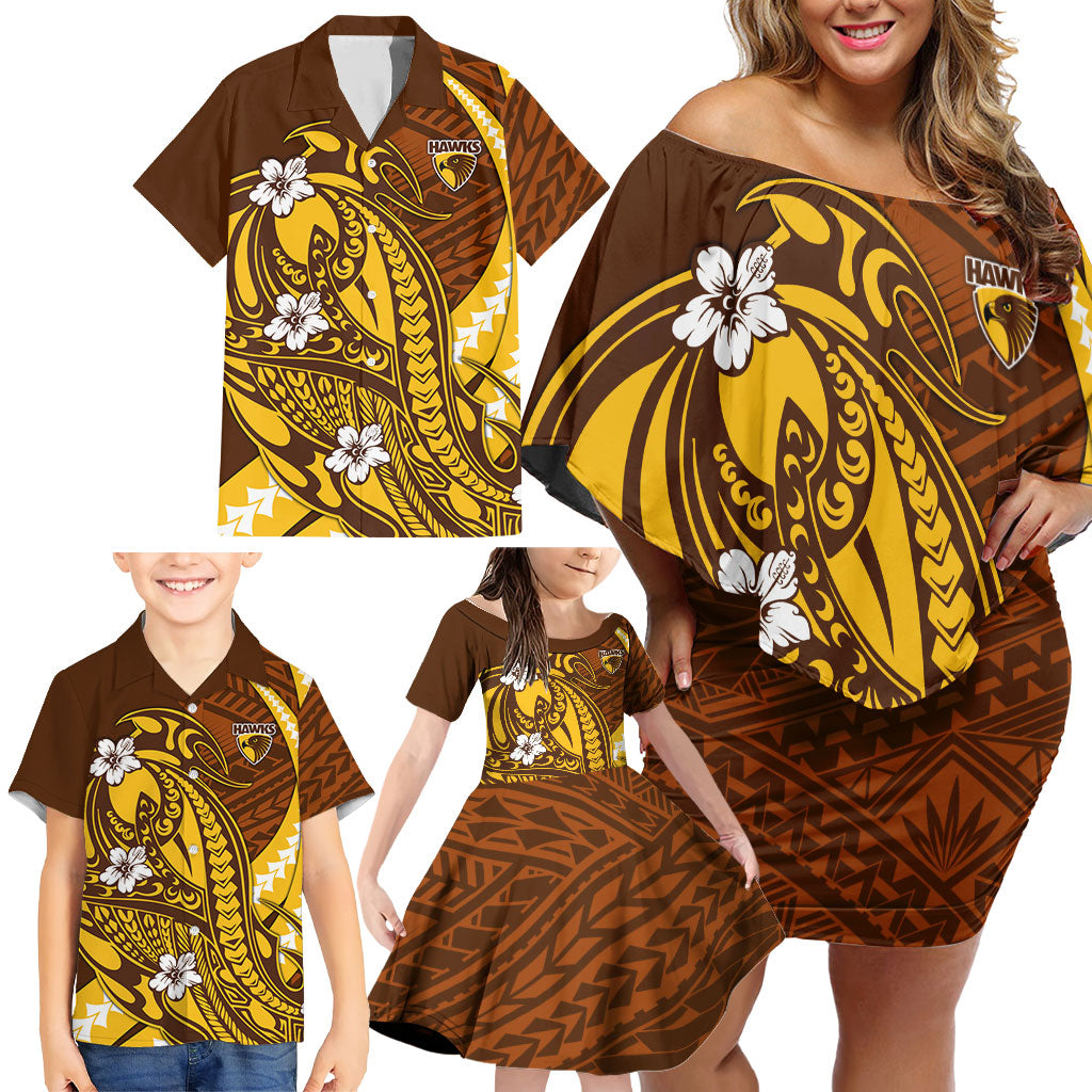 Personalized Hawthorn Hawks Family Matching Off Shoulder Short Dress and Hawaiian Shirt Polynesian Tribal Hawk Mascot With Hibiscus Flower Art