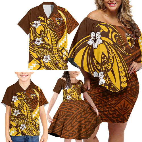 Personalized Hawthorn Hawks Family Matching Off Shoulder Short Dress and Hawaiian Shirt Polynesian Tribal Hawk Mascot With Hibiscus Flower Art
