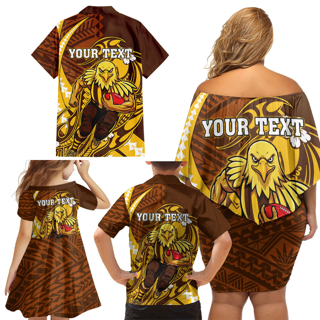 Personalized Hawthorn Hawks Family Matching Off Shoulder Short Dress and Hawaiian Shirt Polynesian Tribal Hawk Mascot With Hibiscus Flower Art