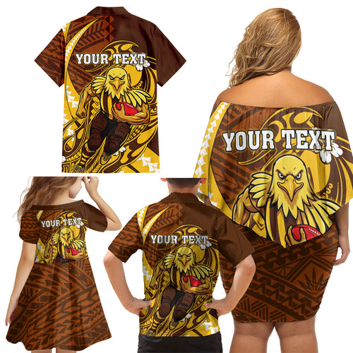 Personalized Hawthorn Hawks Family Matching Off Shoulder Short Dress and Hawaiian Shirt Polynesian Tribal Hawk Mascot With Hibiscus Flower Art