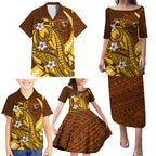 Personalized Hawthorn Hawks Family Matching Puletasi and Hawaiian Shirt Polynesian Tribal Hawk Mascot With Hibiscus Flower Art