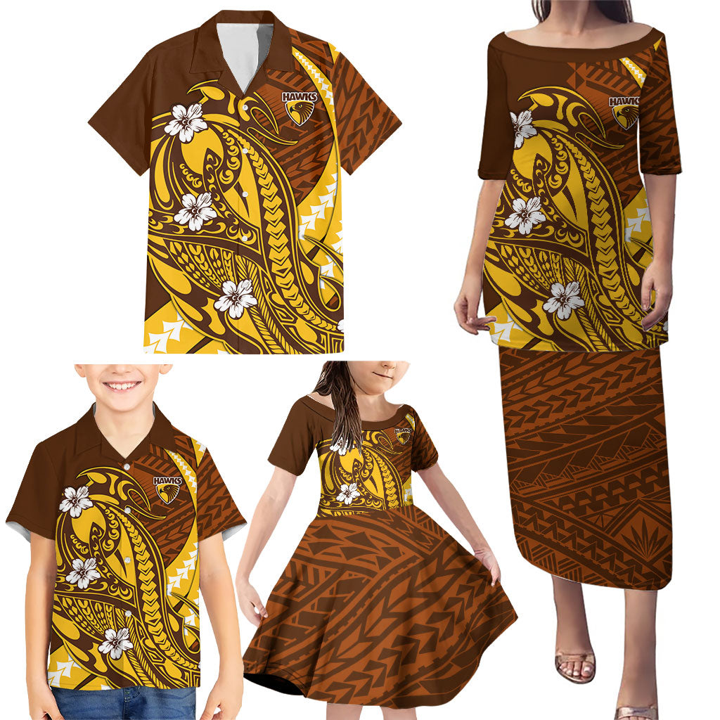 Personalized Hawthorn Hawks Family Matching Puletasi and Hawaiian Shirt Polynesian Tribal Hawk Mascot With Hibiscus Flower Art