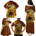 Personalized Hawthorn Hawks Family Matching Puletasi and Hawaiian Shirt Polynesian Tribal Hawk Mascot With Hibiscus Flower Art
