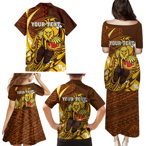 Personalized Hawthorn Hawks Family Matching Puletasi and Hawaiian Shirt Polynesian Tribal Hawk Mascot With Hibiscus Flower Art