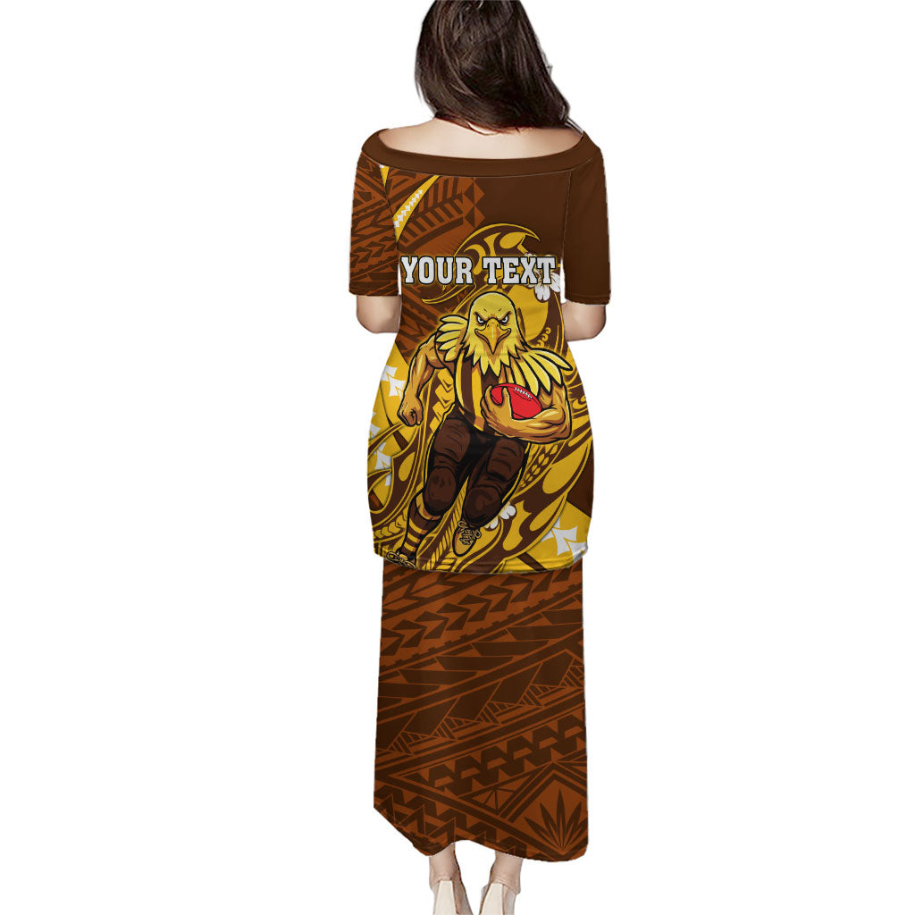 Personalized Hawthorn Hawks Family Matching Puletasi and Hawaiian Shirt Polynesian Tribal Hawk Mascot With Hibiscus Flower Art