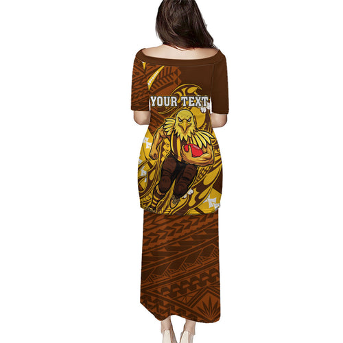 Personalized Hawthorn Hawks Family Matching Puletasi and Hawaiian Shirt Polynesian Tribal Hawk Mascot With Hibiscus Flower Art