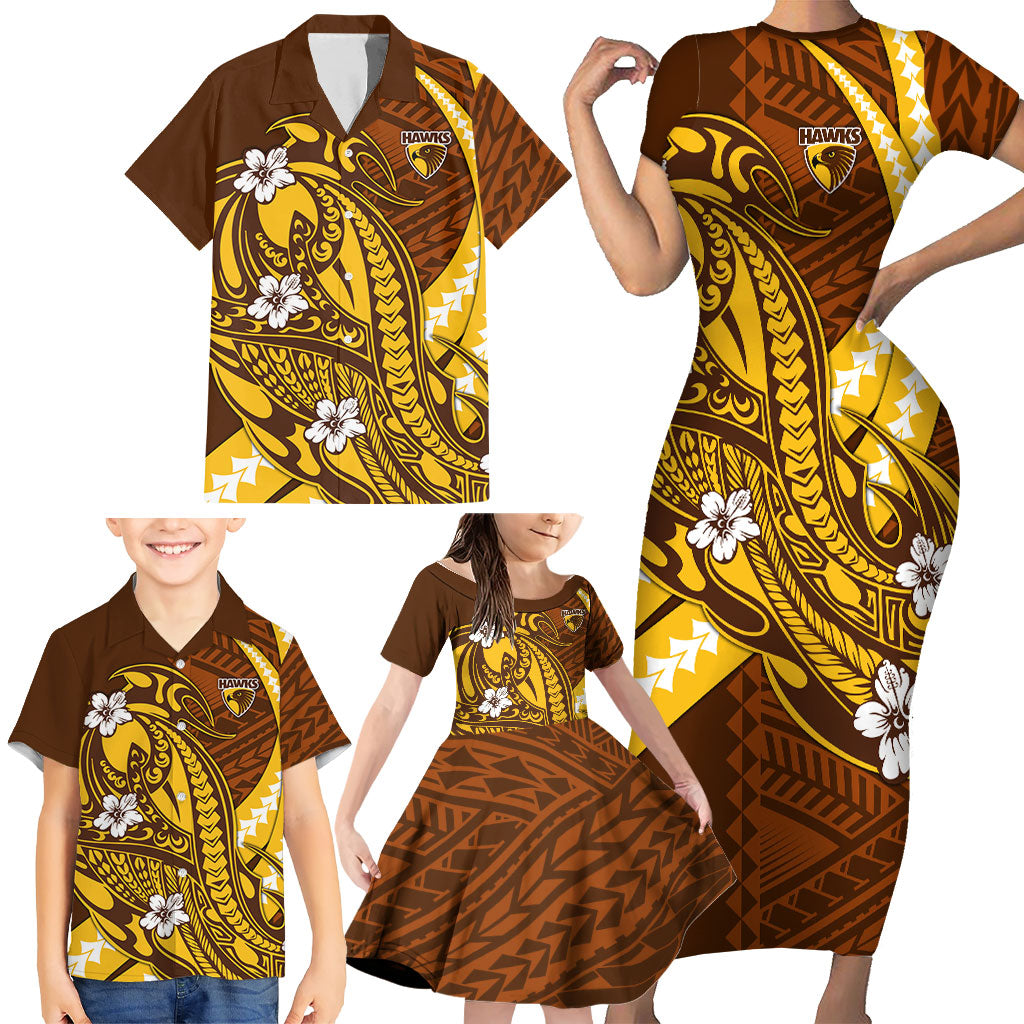 Personalized Hawthorn Hawks Family Matching Short Sleeve Bodycon Dress and Hawaiian Shirt Polynesian Tribal Hawk Mascot With Hibiscus Flower Art