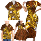 Personalized Hawthorn Hawks Family Matching Short Sleeve Bodycon Dress and Hawaiian Shirt Polynesian Tribal Hawk Mascot With Hibiscus Flower Art