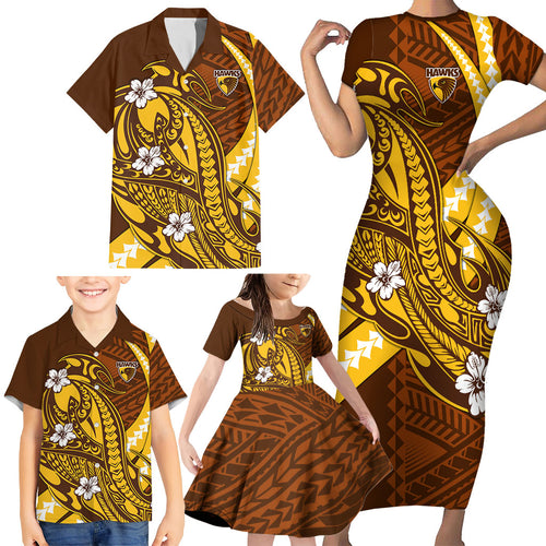 Personalized Hawthorn Hawks Family Matching Short Sleeve Bodycon Dress and Hawaiian Shirt Polynesian Tribal Hawk Mascot With Hibiscus Flower Art