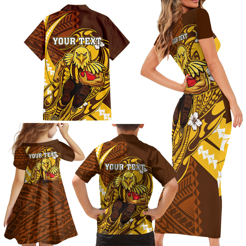 Personalized Hawthorn Hawks Family Matching Short Sleeve Bodycon Dress and Hawaiian Shirt Polynesian Tribal Hawk Mascot With Hibiscus Flower Art