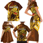 Personalized Hawthorn Hawks Family Matching Short Sleeve Bodycon Dress and Hawaiian Shirt Polynesian Tribal Hawk Mascot With Hibiscus Flower Art