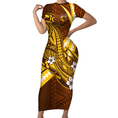 Personalized Hawthorn Hawks Family Matching Short Sleeve Bodycon Dress and Hawaiian Shirt Polynesian Tribal Hawk Mascot With Hibiscus Flower Art