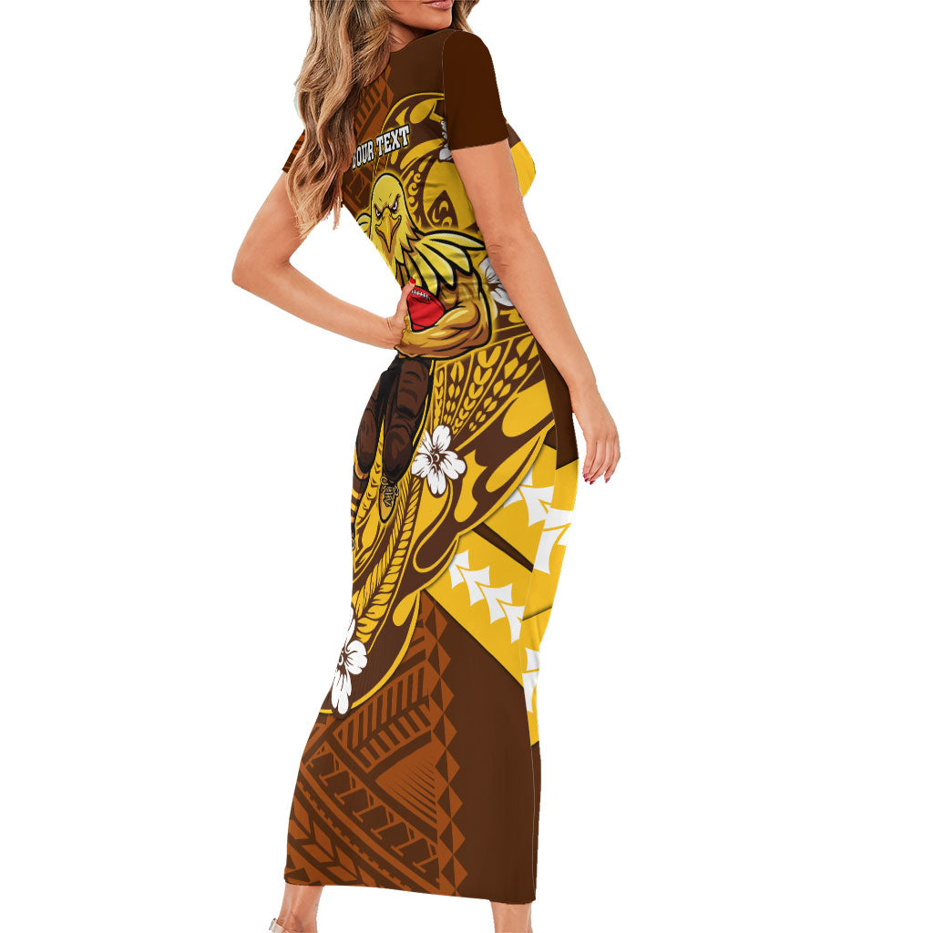 Personalized Hawthorn Hawks Family Matching Short Sleeve Bodycon Dress and Hawaiian Shirt Polynesian Tribal Hawk Mascot With Hibiscus Flower Art