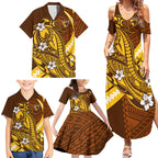 Personalized Hawthorn Hawks Family Matching Summer Maxi Dress and Hawaiian Shirt Polynesian Tribal Hawk Mascot With Hibiscus Flower Art