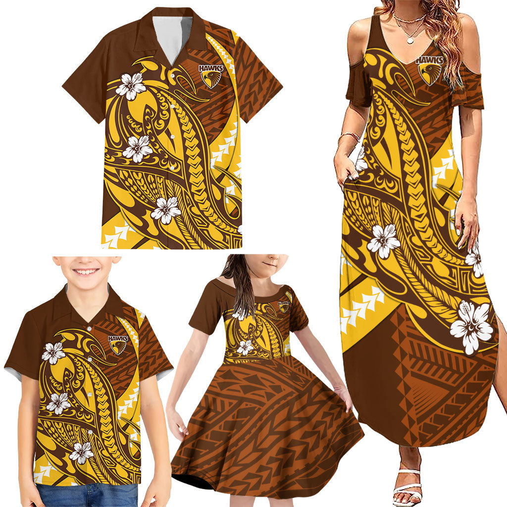 Personalized Hawthorn Hawks Family Matching Summer Maxi Dress and Hawaiian Shirt Polynesian Tribal Hawk Mascot With Hibiscus Flower Art