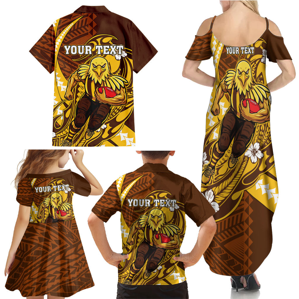 Personalized Hawthorn Hawks Family Matching Summer Maxi Dress and Hawaiian Shirt Polynesian Tribal Hawk Mascot With Hibiscus Flower Art
