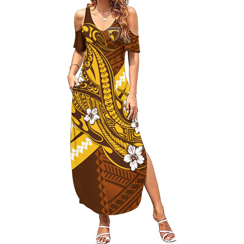 Personalized Hawthorn Hawks Family Matching Summer Maxi Dress and Hawaiian Shirt Polynesian Tribal Hawk Mascot With Hibiscus Flower Art