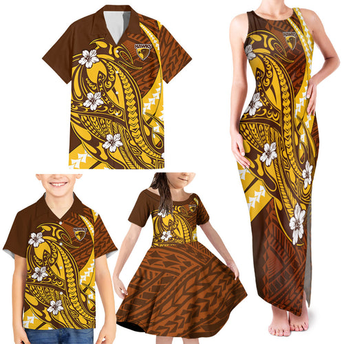 Personalized Hawthorn Hawks Family Matching Tank Maxi Dress and Hawaiian Shirt Polynesian Tribal Hawk Mascot With Hibiscus Flower Art