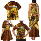 Personalized Hawthorn Hawks Family Matching Tank Maxi Dress and Hawaiian Shirt Polynesian Tribal Hawk Mascot With Hibiscus Flower Art