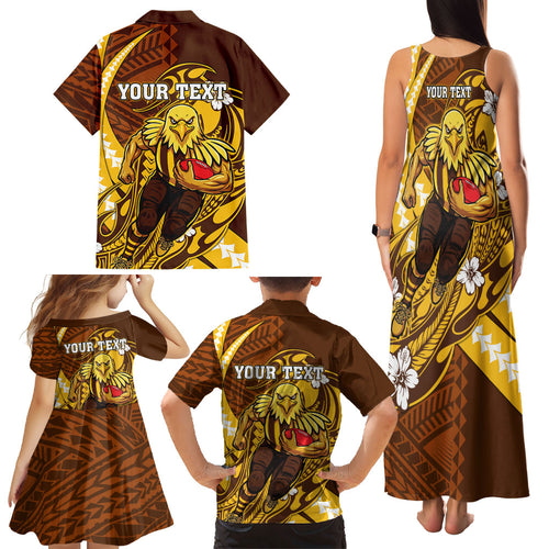 Personalized Hawthorn Hawks Family Matching Tank Maxi Dress and Hawaiian Shirt Polynesian Tribal Hawk Mascot With Hibiscus Flower Art