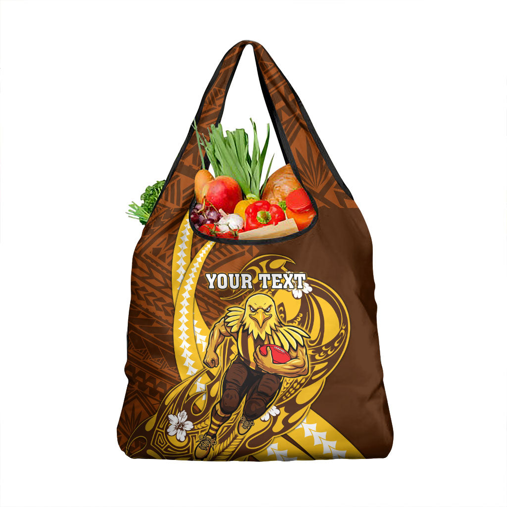 Personalized Hawthorn Hawks Grocery Bag Polynesian Tribal Hawk Mascot With Hibiscus Flower Art