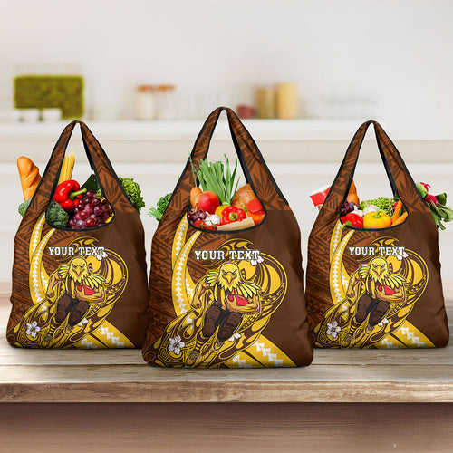 Personalized Hawthorn Hawks Grocery Bag Polynesian Tribal Hawk Mascot With Hibiscus Flower Art