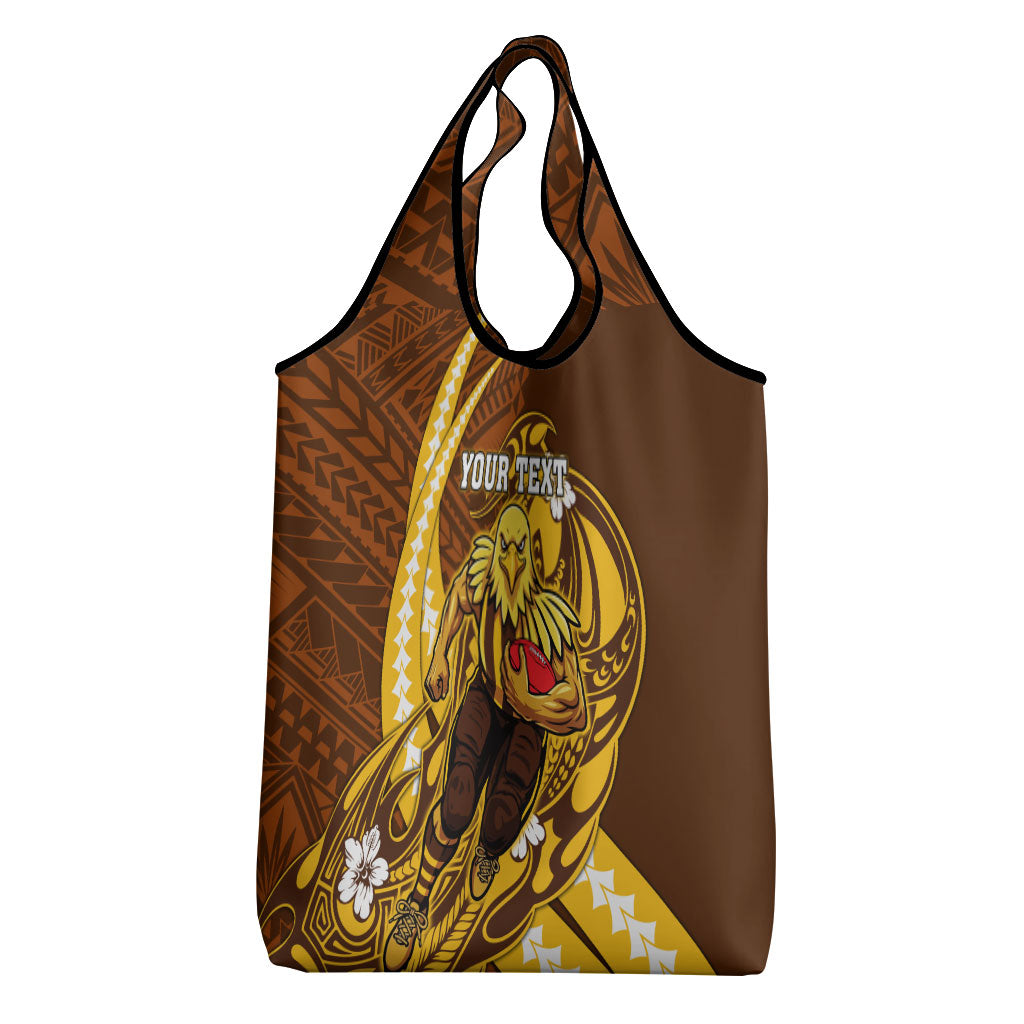 Personalized Hawthorn Hawks Grocery Bag Polynesian Tribal Hawk Mascot With Hibiscus Flower Art