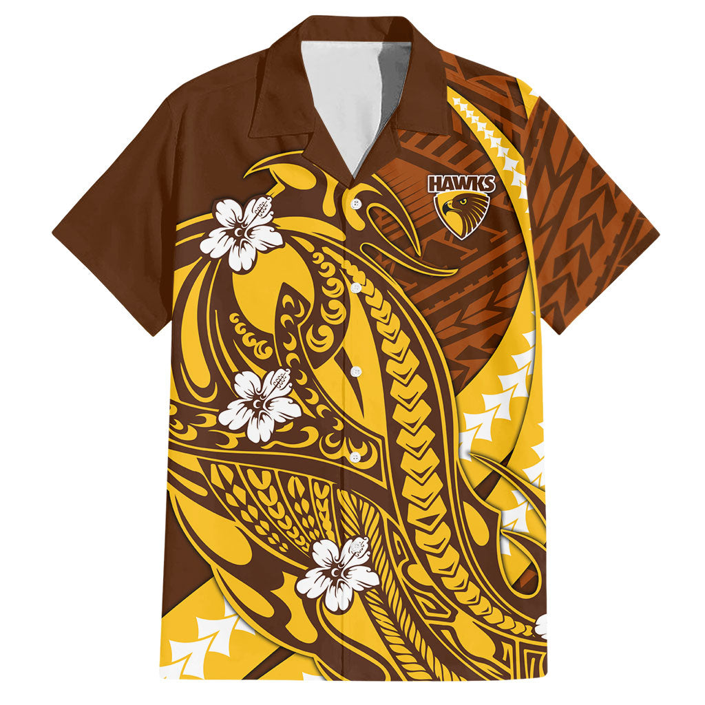 Personalized Hawthorn Hawks Hawaiian Shirt Polynesian Tribal Hawk Mascot With Hibiscus Flower Art