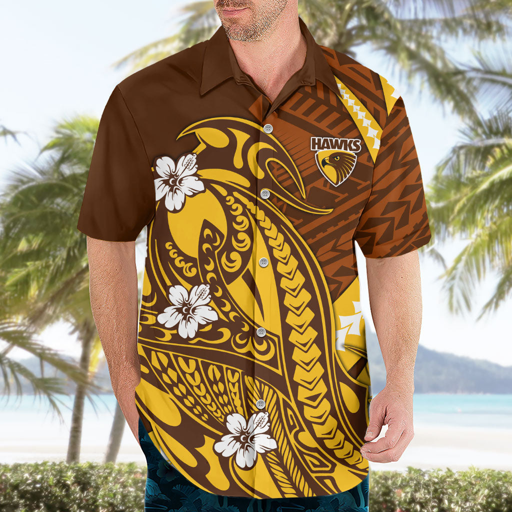 Personalized Hawthorn Hawks Hawaiian Shirt Polynesian Tribal Hawk Mascot With Hibiscus Flower Art