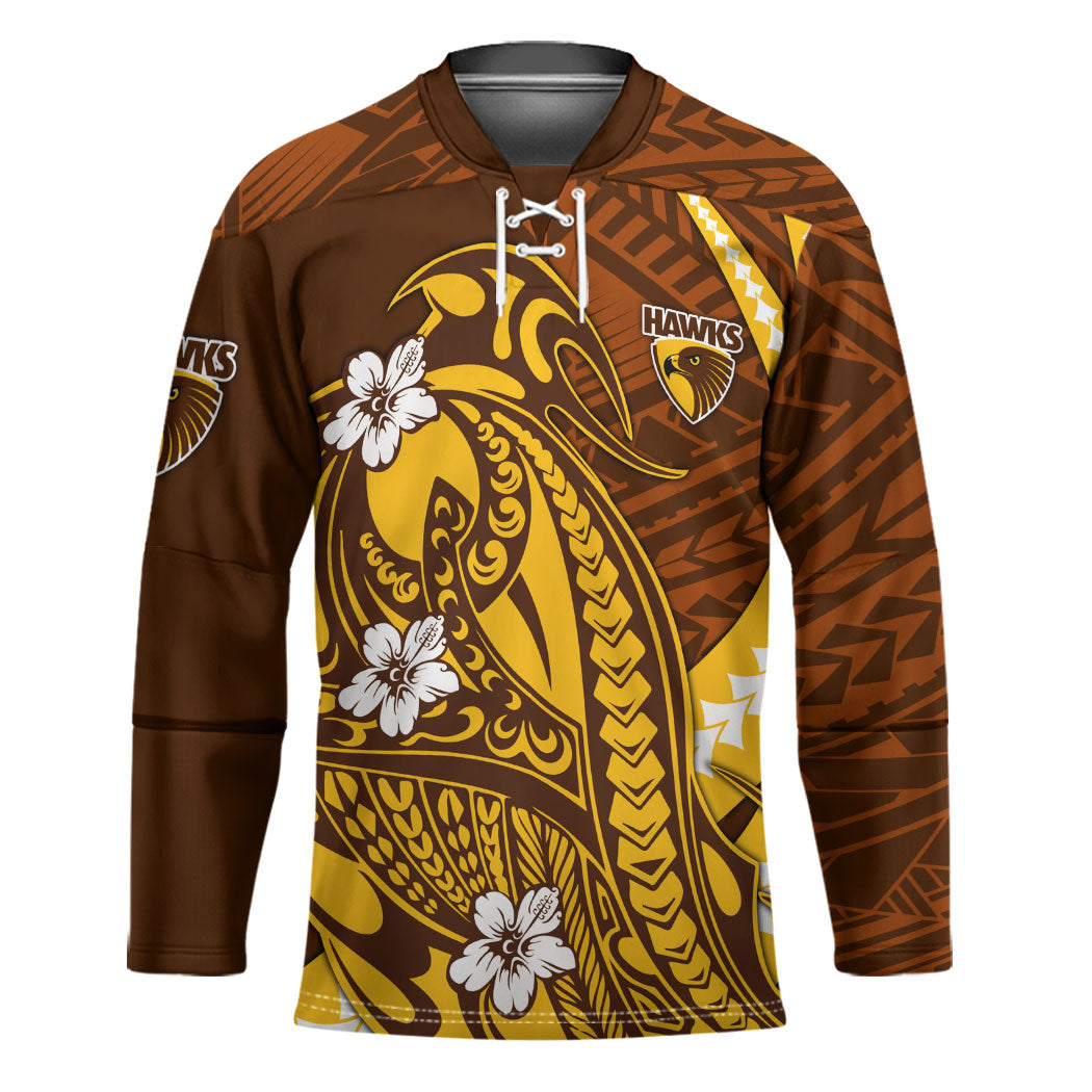 Personalized Hawthorn Hawks Hockey Jersey Polynesian Tribal Hawk Mascot With Hibiscus Flower Art