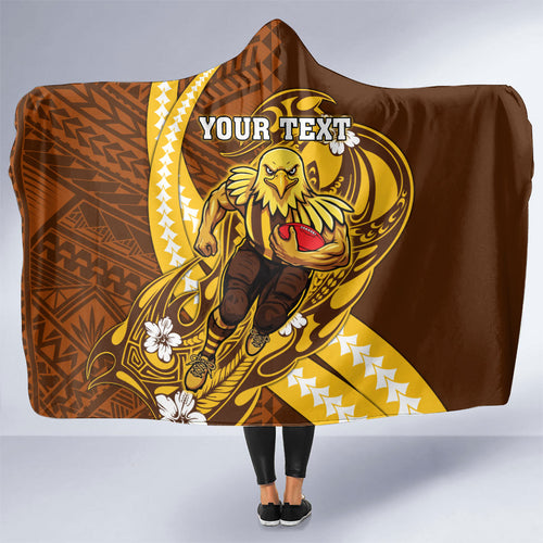 Personalized Hawthorn Hawks Hooded Blanket Polynesian Tribal Hawk Mascot With Hibiscus Flower Art