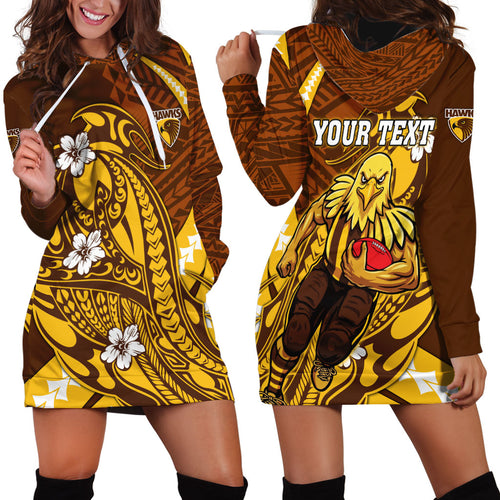 Personalized Hawthorn Hawks Hoodie Dress Polynesian Tribal Hawk Mascot With Hibiscus Flower Art