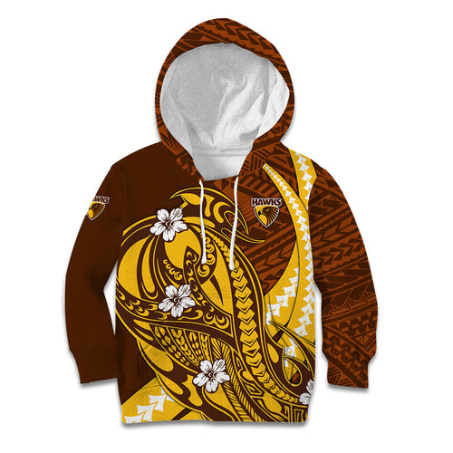 Personalized Hawthorn Hawks Kid Hoodie Polynesian Tribal Hawk Mascot With Hibiscus Flower Art